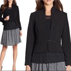 Eileen Fisher Black Leather Trim Peplum Blazer Jacket Hook & Eye Closure Size XL